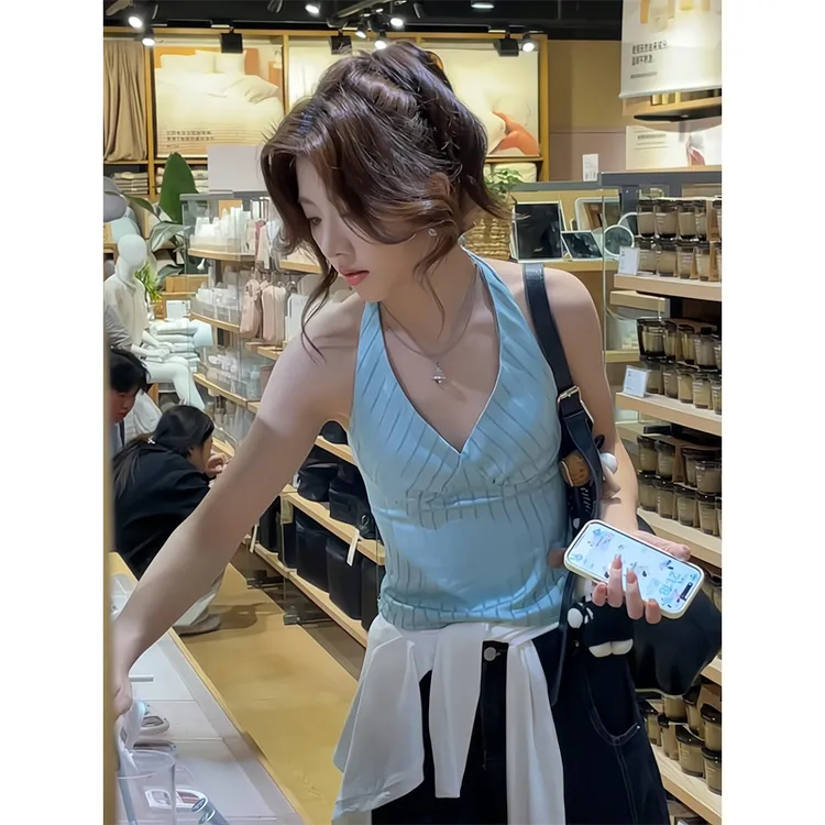 性感度假感条纹挂脖上衣露背修身无袖背心休闲裤慵懒垂感阔腿长裤