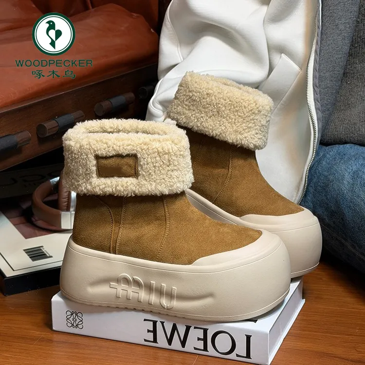啄木鸟松糕厚底雪地靴女面包鞋两穿秋冬季棉靴小个子增高加绒短靴
