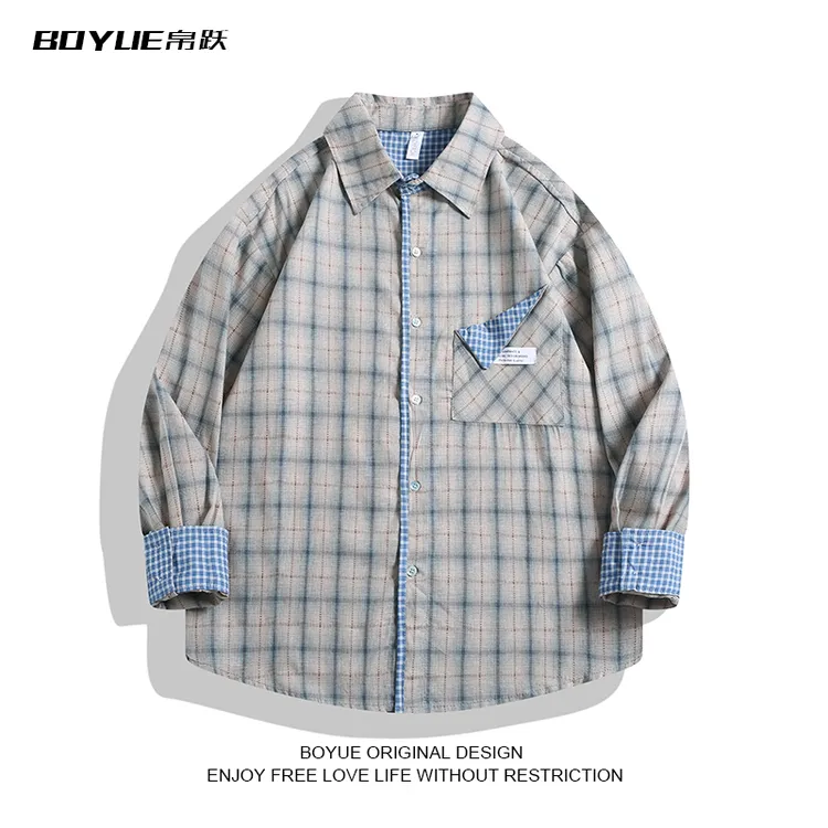 BOYUE帛跃美式复古格子撞色长袖衬衫外套男女宽松休闲衬衣外套潮