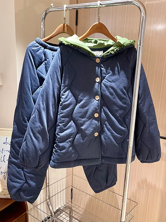【DMXJ大梦想家】简约纯色夹棉连帽睡衣女冬季保暖棉服款家居服套装