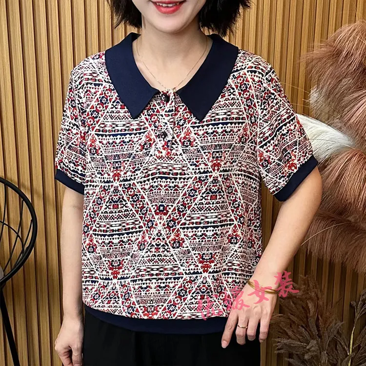 气质妈妈装夏季时尚翻领印花休闲百搭宽松显瘦中老年女装短袖上衣