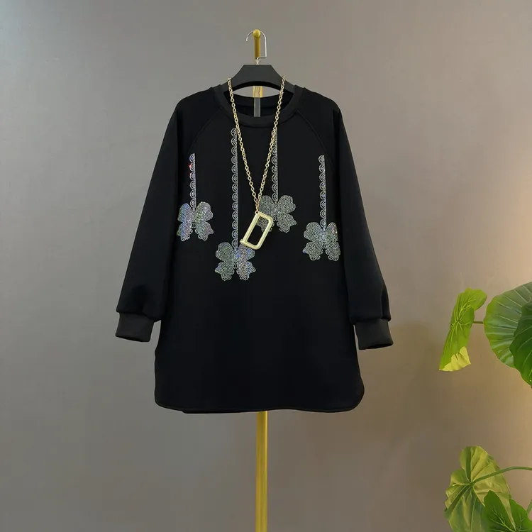 新款休闲风重工烫钻花朵圆领宽松遮肉显瘦长袖加绒大码上衣