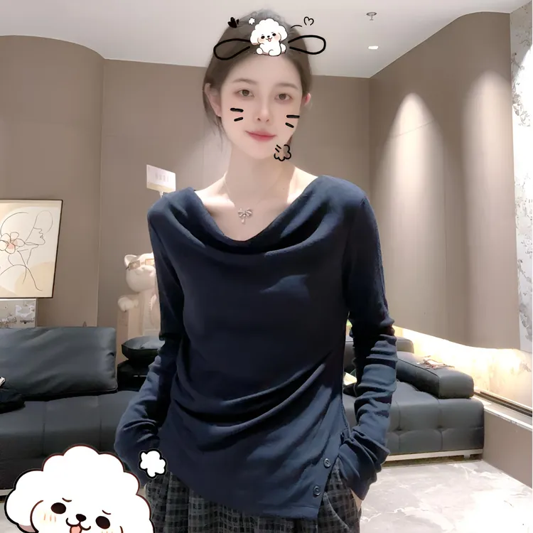宿慕SUMU法式荡领长袖打底衫女2025秋季新款百搭显瘦长袖T恤1603