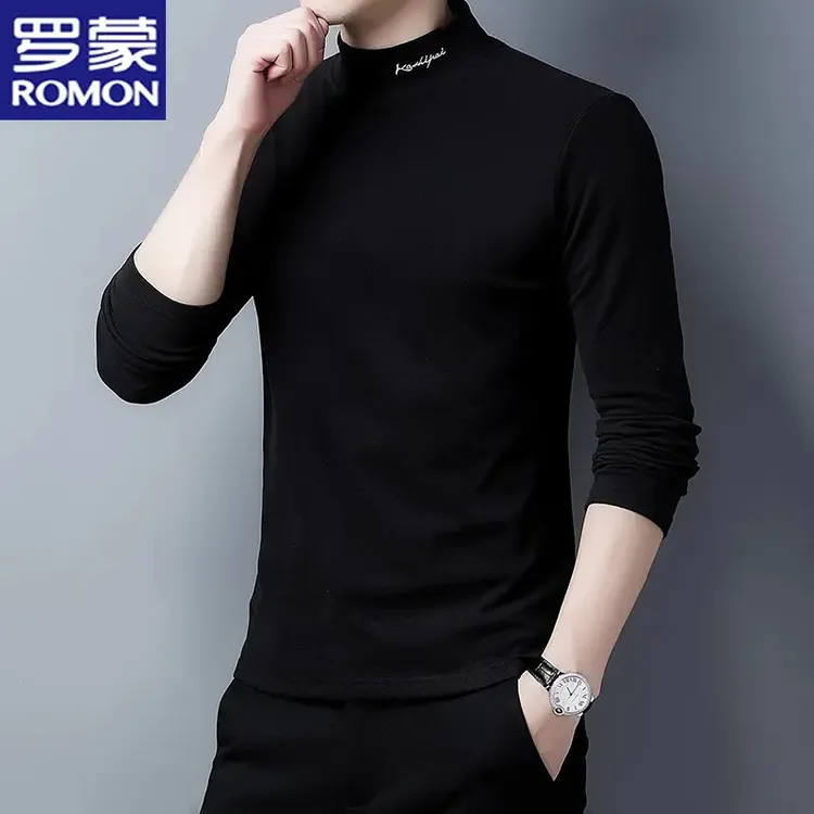 罗蒙秋冬季双面绒打底衫长袖T恤男士半高领刺绣保暖内搭男装上衣
