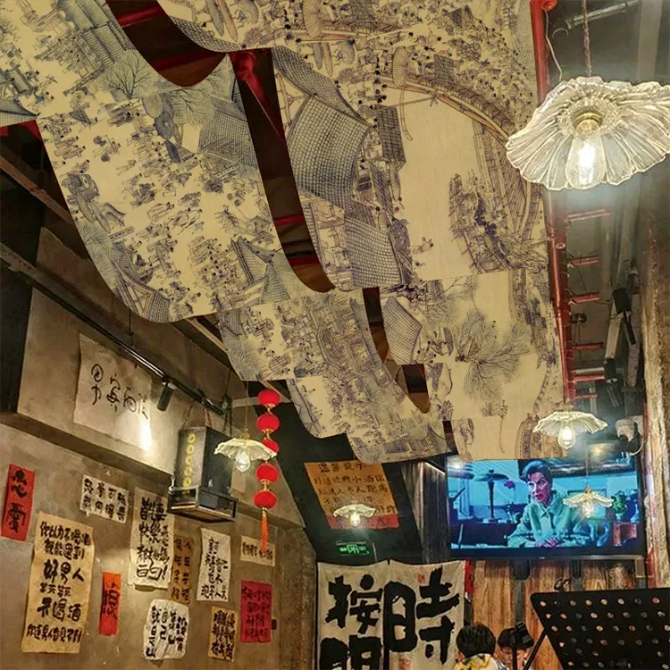 中式国墨画清明上河图背景布挂毯复古布幔餐饮茶室吊顶装饰挂布