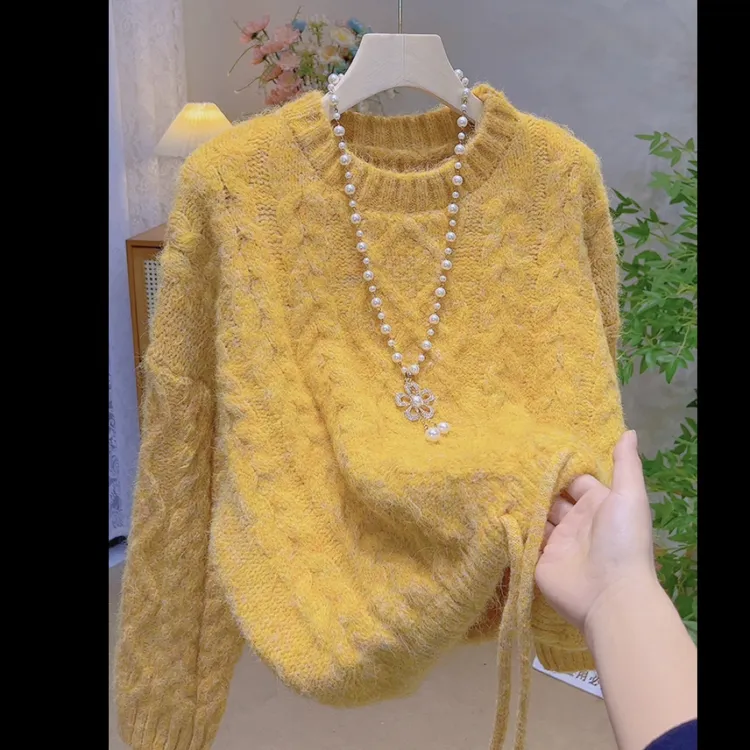 麻花抽绳韩版短款秋冬慵懒风软糯针织毛衣女