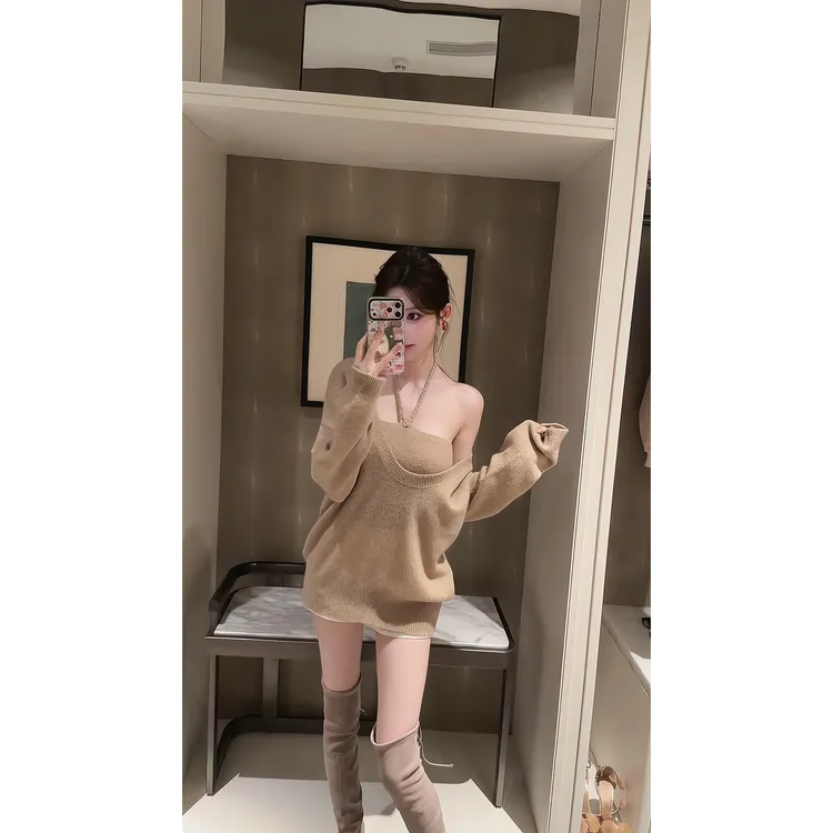 韩系气质休闲针织套装短裤女秋冬V领内搭慵懒风毛衣高级感三件套