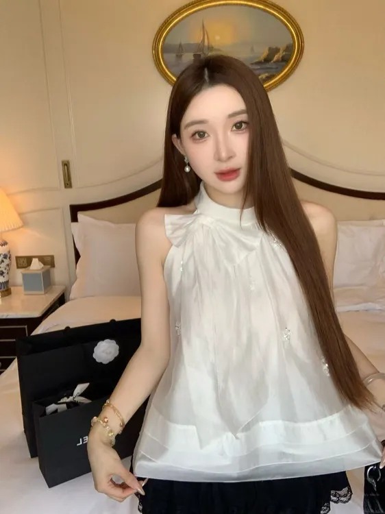 仙气飘飘上衣2025夏季新款重工设计感蝴蝶结别致独特精致无袖衬衫