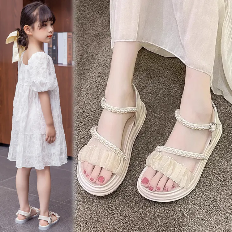 女童凉鞋2025夏季新款运动洋气沙滩鞋软底公主珍珠儿童鞋子中大童