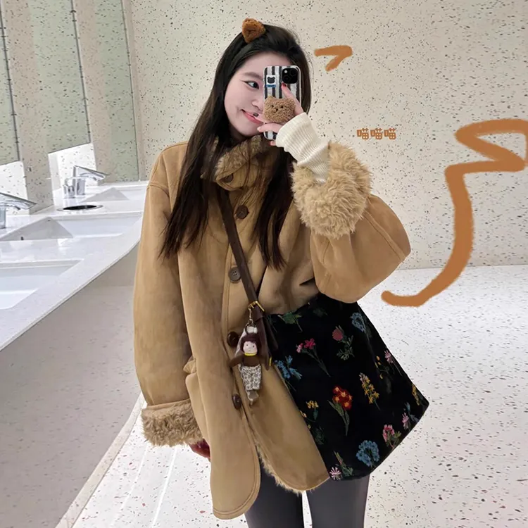 【两面可穿】皮毛一体机车服女秋冬宽松加厚保暖毛毛外套女韩系百搭