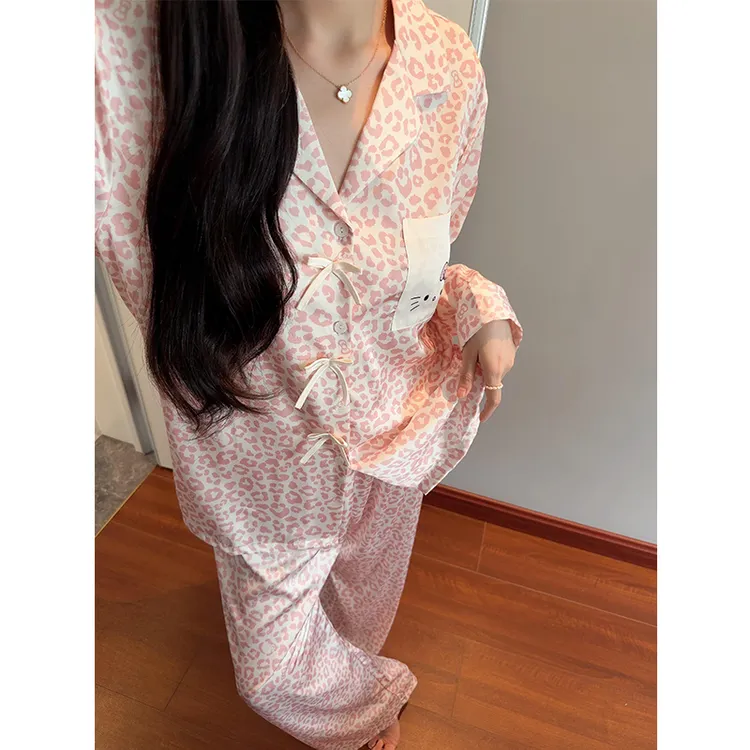 韩系高级感粉嫩豹纹Kitty睡衣女秋季新款长袖可外穿家居服两件套