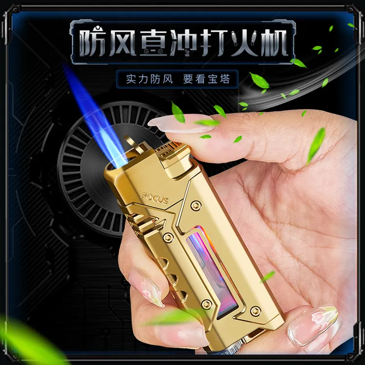 金属机身防风充气打火机酷炫灯光机甲造型可视气仓高档送男友礼物