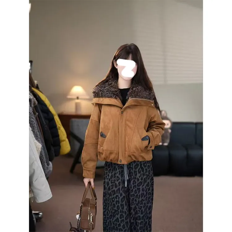 美式加绒翻领鹿皮绒棉服女2025秋冬新款超好看加厚保暖棉衣外套潮