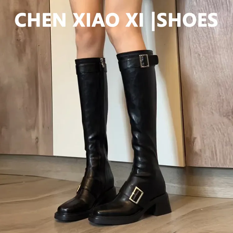 牛皮版！复古皮带扣不过膝长靴显瘦侧拉链高筒骑士靴女粗跟瘦瘦靴