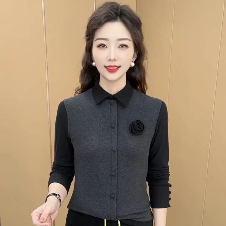 秋冬新款时尚翻领玫瑰花拼接设计感妈妈装气质百搭打底衫K5568