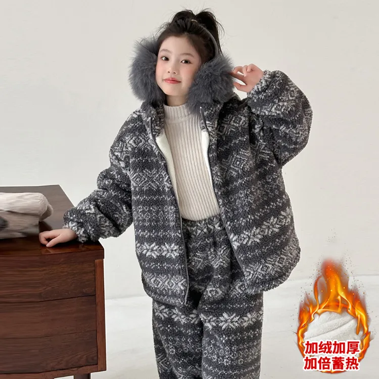女童冬装加绒加厚羊羔绒家居服套装8-15岁儿童双面绒可外穿睡衣潮