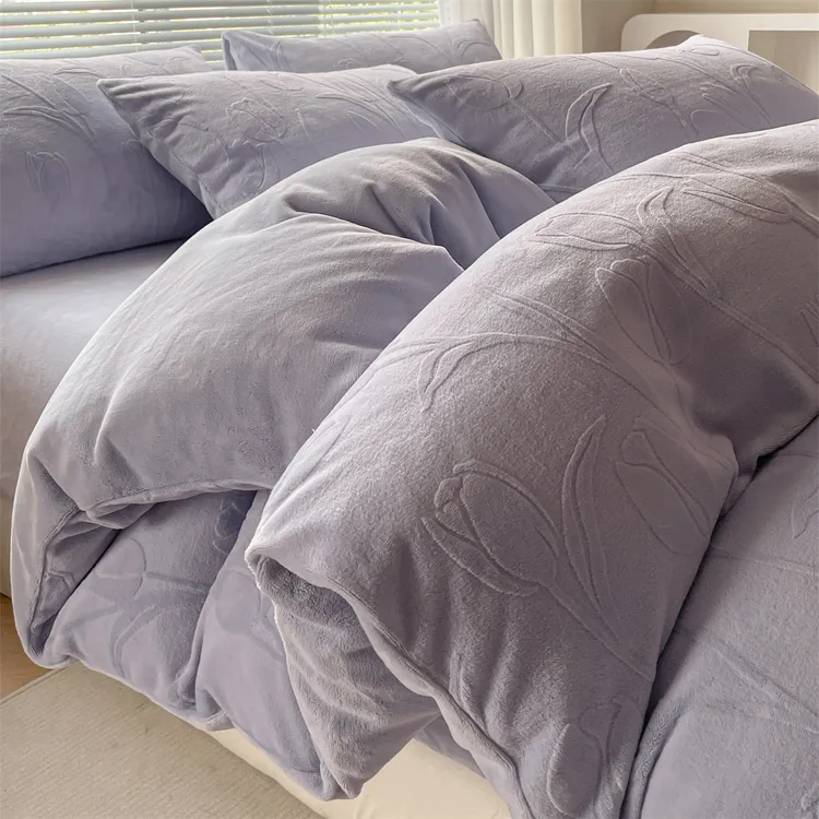 2025新款亲肤舒适烂花牛奶绒四件套床单床笠双面绒三件套-郁金香