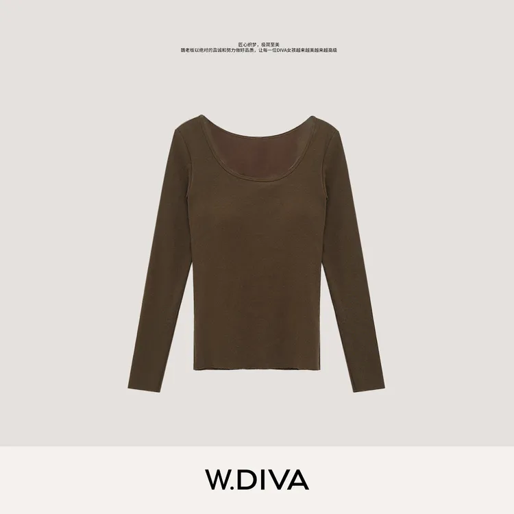 W.Diva【难分】内里暖绒长袖衫百搭大圆领一体杯打底T恤4T180R456