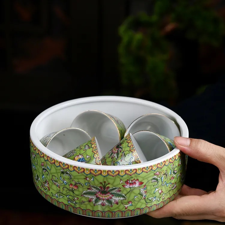 大号珐琅彩扒花茶洗 陶瓷杯洗笔洗茶道配件 花盆鱼缸功夫茶具配件