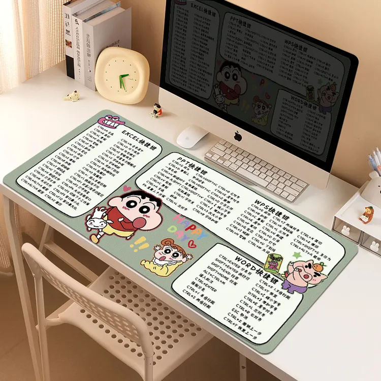 蜡笔小新快捷键鼠标垫超大防水皮革办公电脑桌垫excel卡通键盘垫