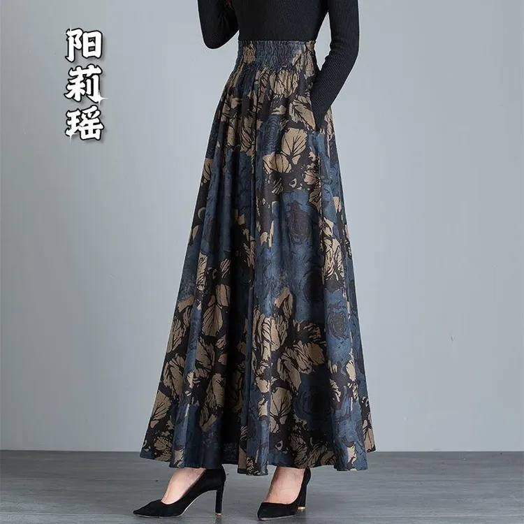 春秋新款有口袋半身裙民族高腰复古碎花长裙印花大码女裙轻装简约