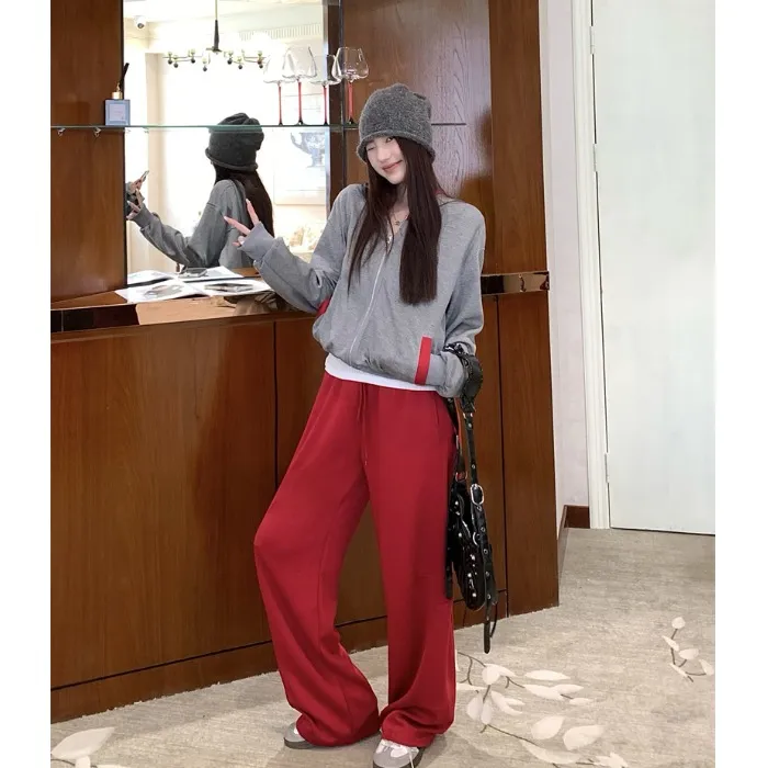 慵懒复古撞色连帽长袖卫衣外套女秋季运动风套装休闲阔腿裤两件套