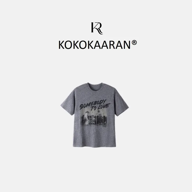kokokaaran/可可咔伦 【秦岚同款】新品做旧摇滚印花宽松上衣250192