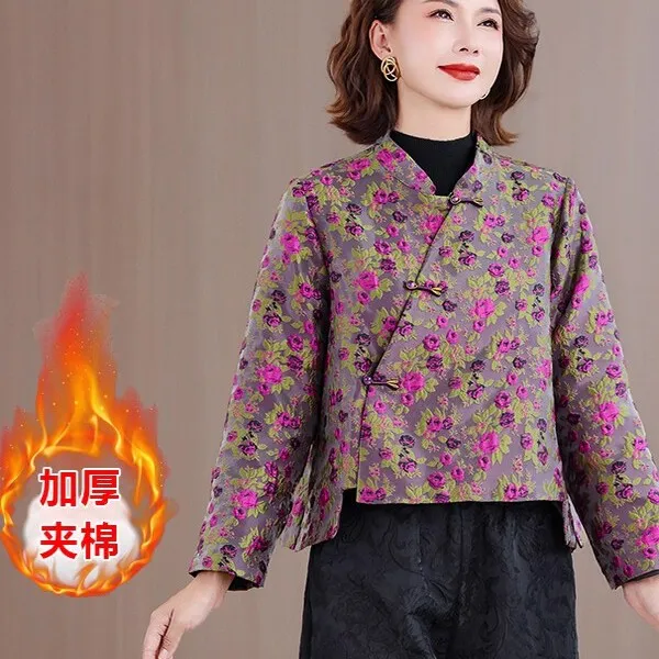 9059#秋冬新款中国风中年妈妈气质宽松新中式立领提花夹棉外套