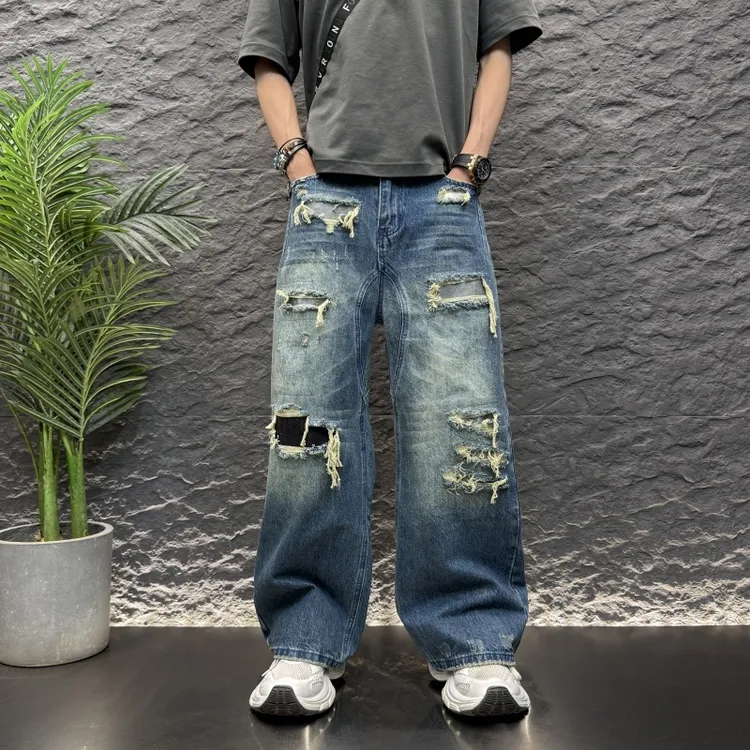 乞丐拼接补丁宽松大直筒纯色蓝色牛仔长裤2025新款男士休闲阔脚裤