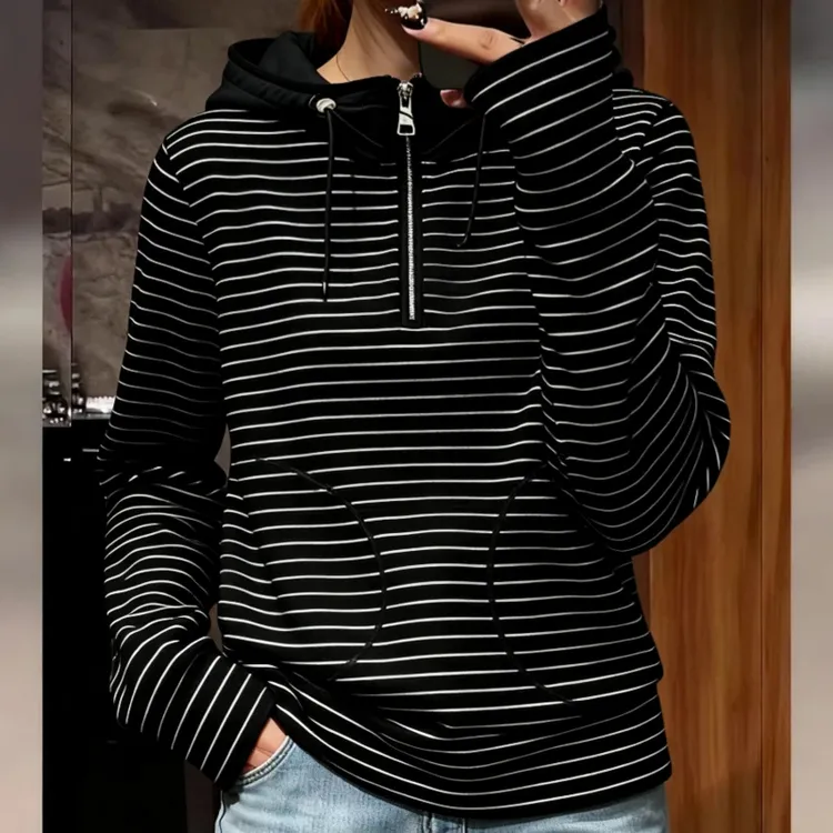 连帽条纹长袖卫衣女士2025秋冬新款宽松显瘦内搭半拉链打底衫上衣