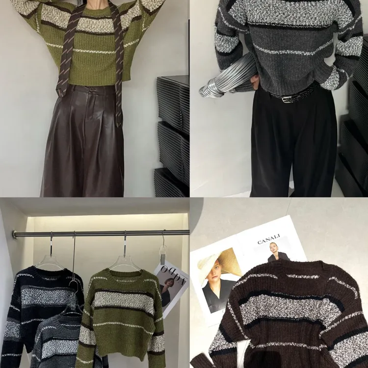 条纹保暖针织宽松型女羊绒衫打底衫休闲秋冬圆领时尚