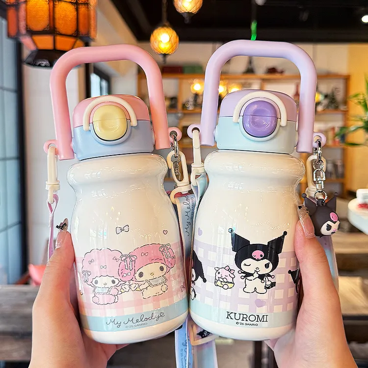 库洛米保温杯女生高颜值水杯学生上学专用大容量吸管杯手提大肚杯