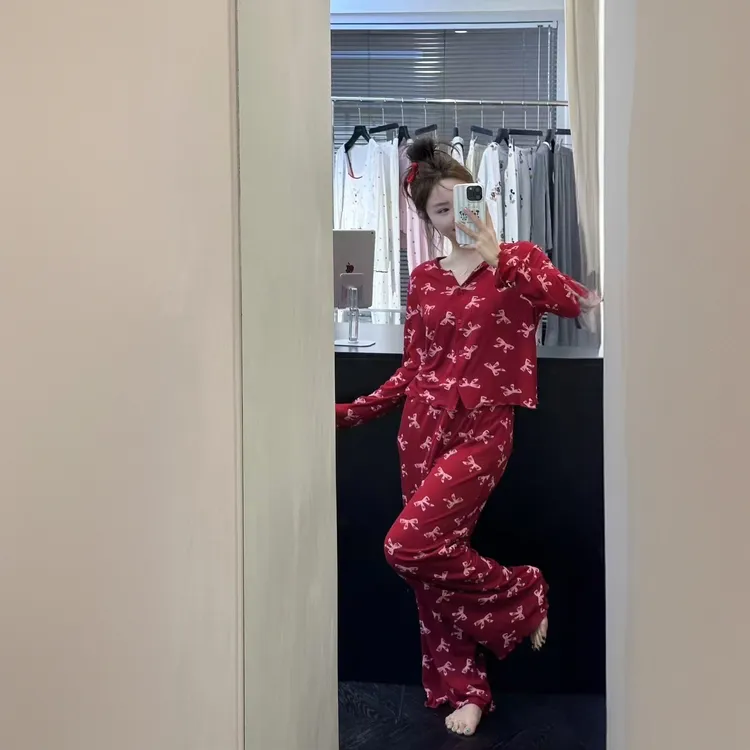 【秋季红色蝴蝶结印花长袖长裤】设计师爆款喜庆家居服睡衣女241147