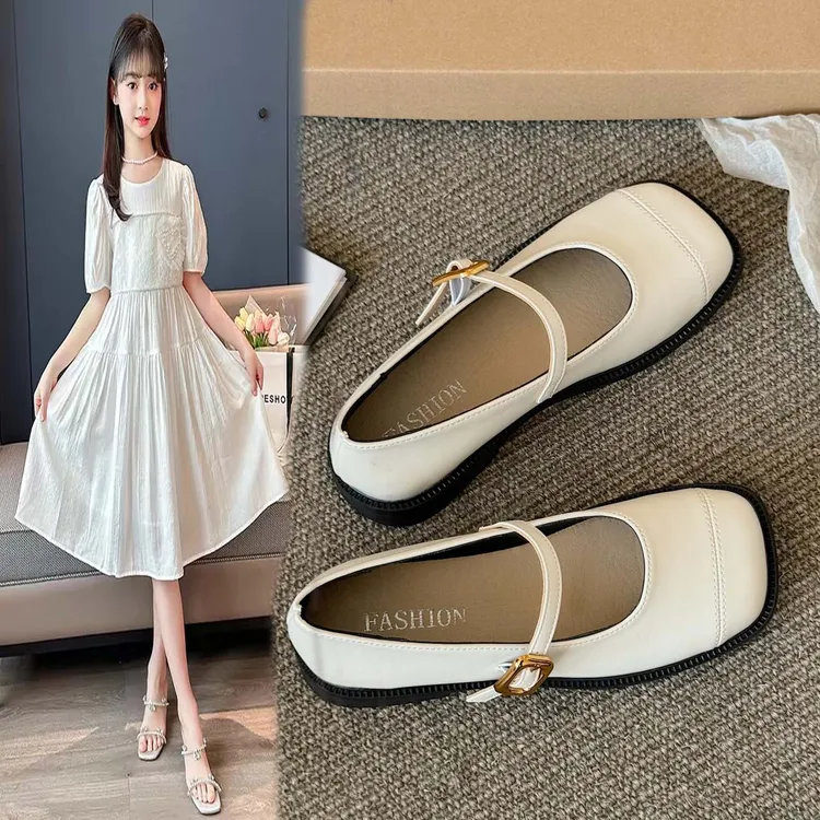 女童鞋极简风平跟皮鞋低跟2025新款秋季方头常规薄款单鞋乐福鞋