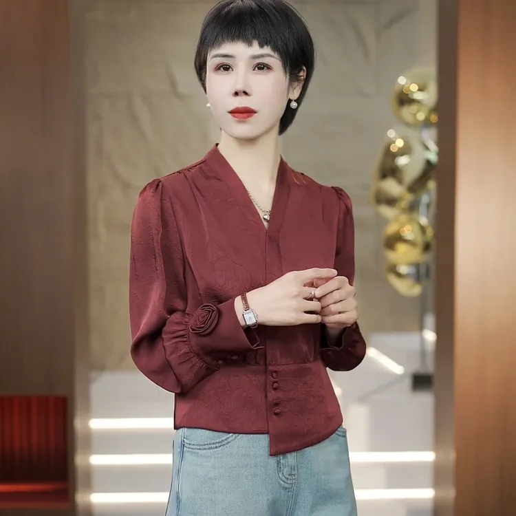 【渲渲推荐】QQ-880119早春V领花朵不规则衬衣