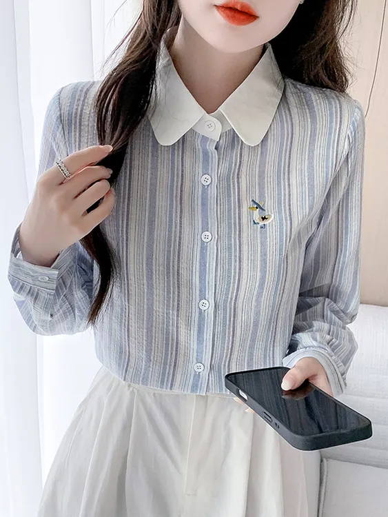休闲又有范时尚百搭气质盐系小白鹅重工刺绣条纹衬衫女透气不闷