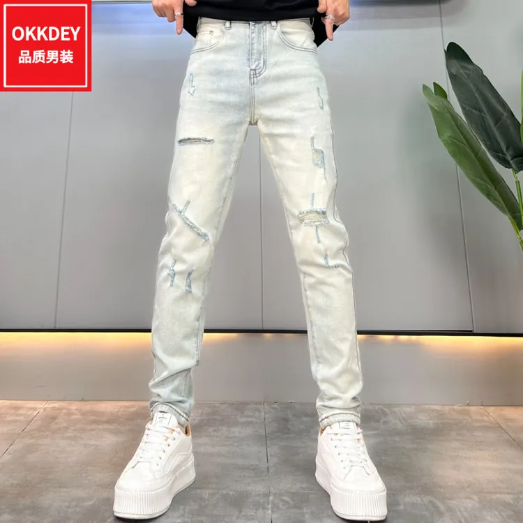 okkdey高级感时尚牛仔裤男士潮流个性破洞修身小脚裤春夏休闲长裤