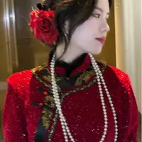 LHMknk1画报夫人原创自制秋冬厚款清宫改良旗袍过年连衣裙华妃红