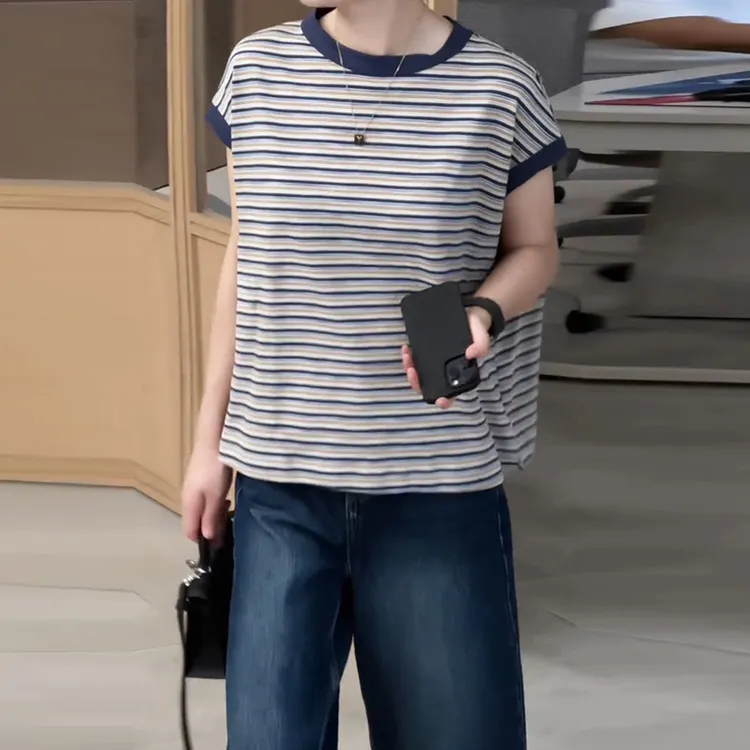 休闲气质简约经典百搭条纹短袖T恤女2025年夏季新款通勤日常上衣