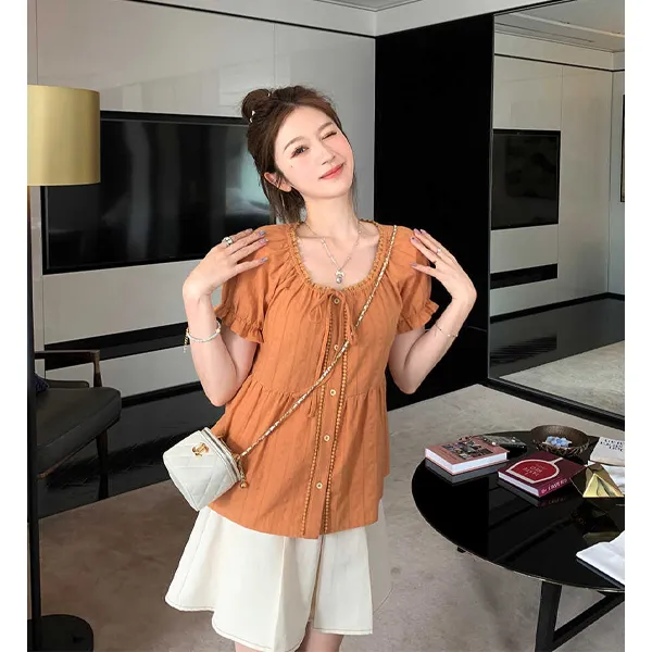 微胖妹妹2025夏季圆领娃娃衫大码女装法式重工气质泡泡袖衬衫8238