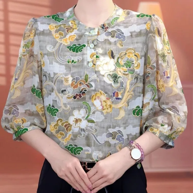夏季圆领纽扣上衣宽松洋气显瘦碎花木耳领宽松时尚百搭衬衫