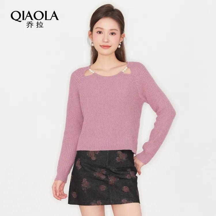 QIAOLA/乔拉【花影悦动】秋季坑条马海毛圆领牛仔碎花时尚套装预售