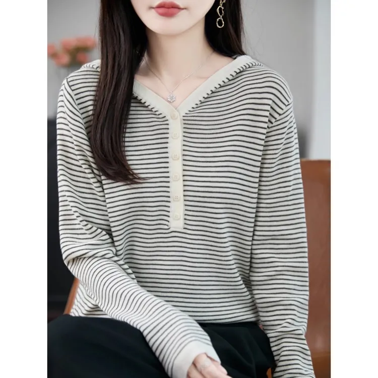 韩版显瘦长袖连帽条纹针织衫女毛衣外套秋季新款洋气毛衫减龄上衣