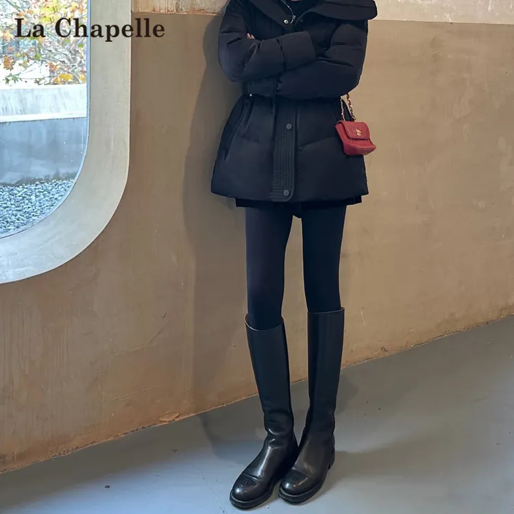 拉夏贝尔高腰紧身弹力小脚牛仔裤女秋冬新款加绒保暖黑色铅笔靴裤