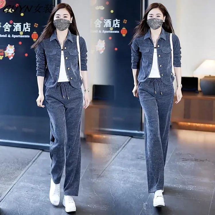 时尚休闲阔腿裤套装女2025春秋新款洋气小香风显瘦开衫运动两件套
