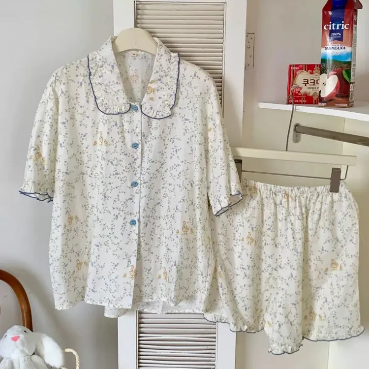 25款夏季双层纱全棉小清新睡衣纯棉透气家居服短裤套装ins