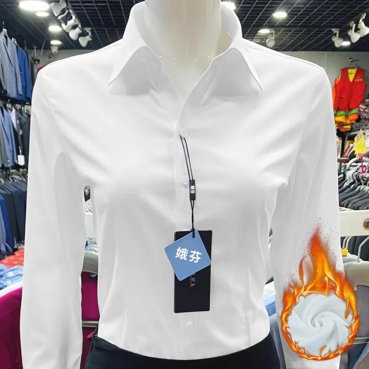 加绒v领衬衫女长袖职业2025冬季新款韩版修身正装工作服保暖衬衣