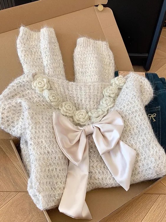 温柔花朵蝴蝶结针织毛衣女2025秋季慵懒风宽松甜美百搭针织衫上衣