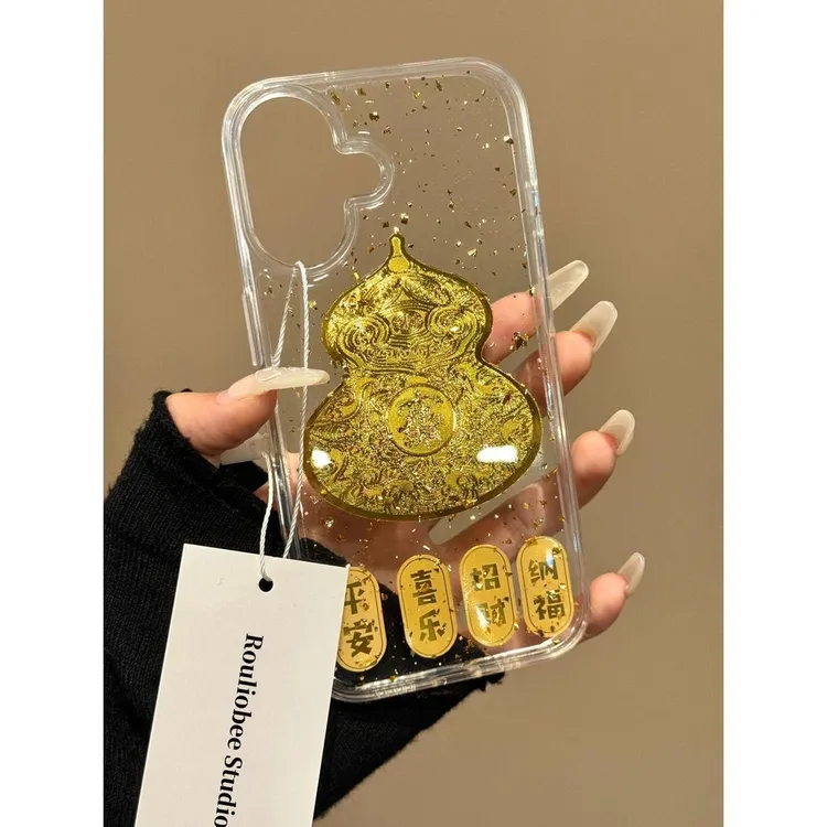 春夏金葫芦金箔适用苹果16Pro手机壳16promax防摔15Pro滴胶大孔壳