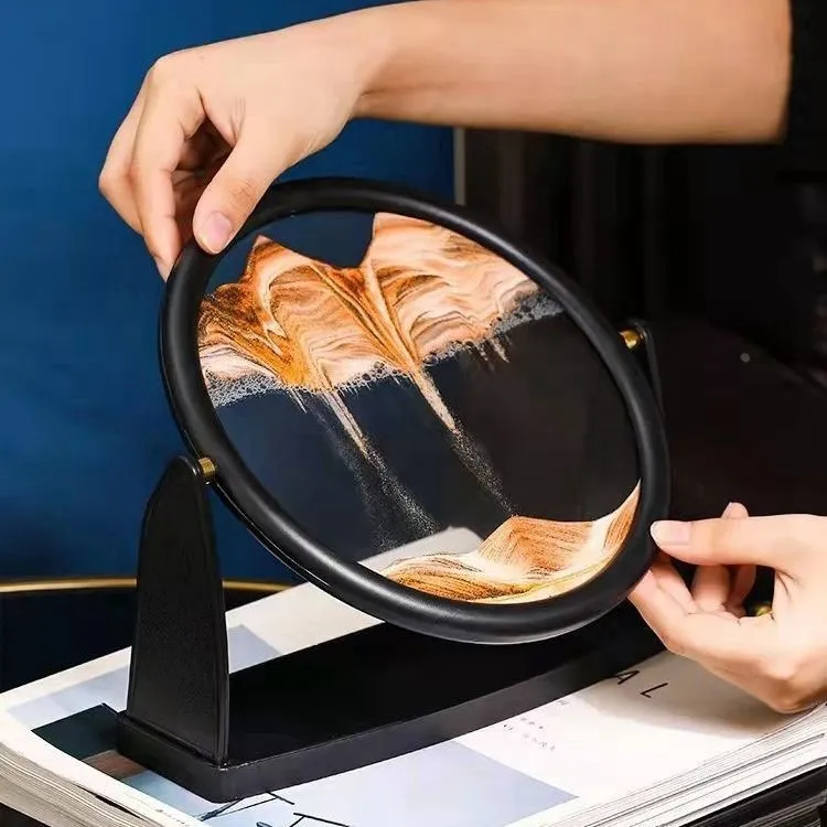创意解压翻转圆盘3d山水立体动态玻璃流沙画沙漏摆件酒柜客厅装饰